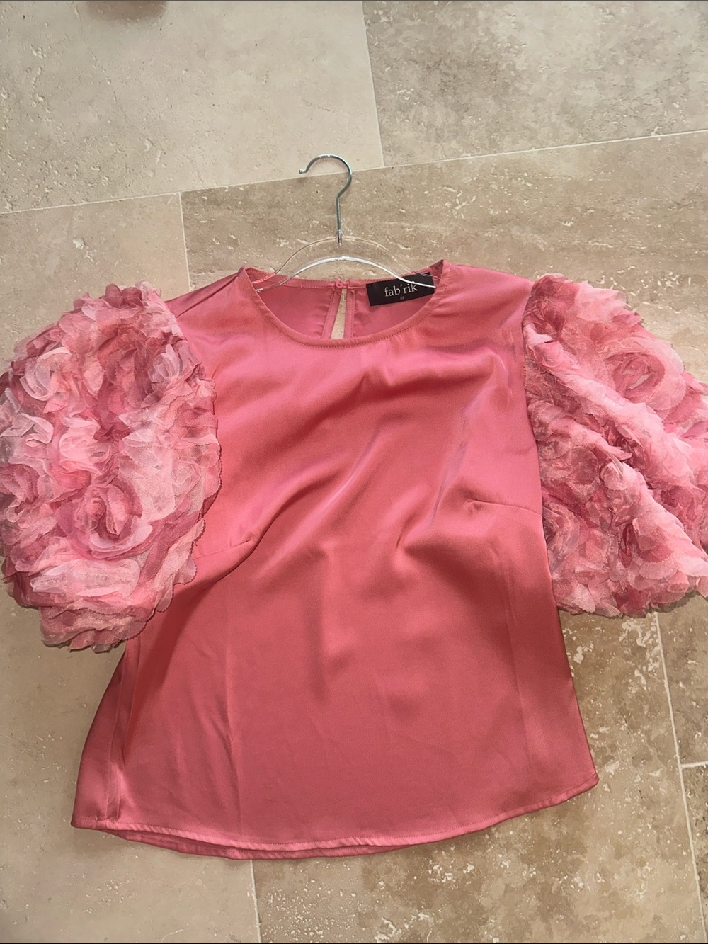 fab'rik Rose Pink Satin Top with Floral Puff Sleeves